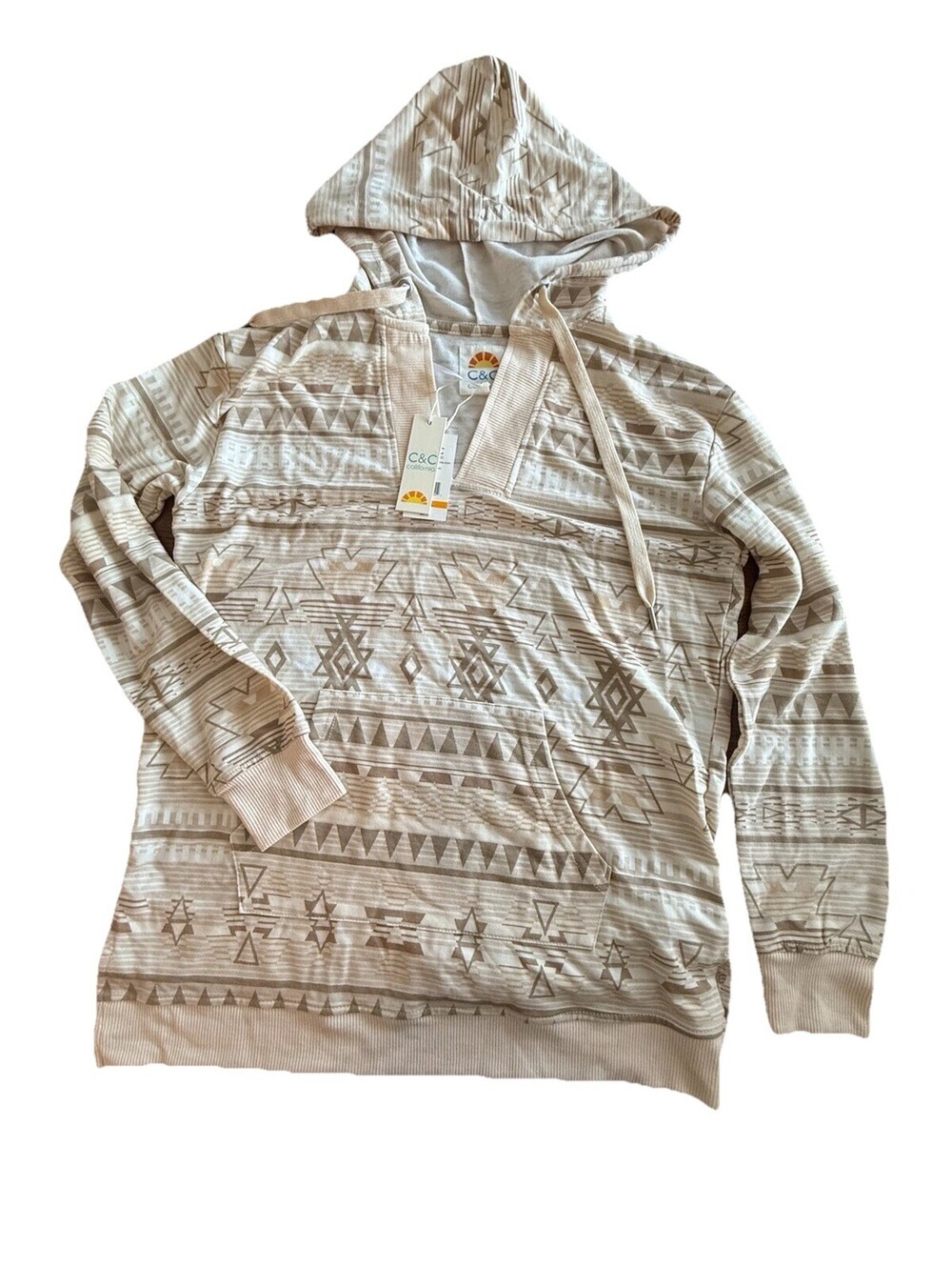 C C California Lightweight Beach Hoodie Tan Aztec Print Small New With Tags